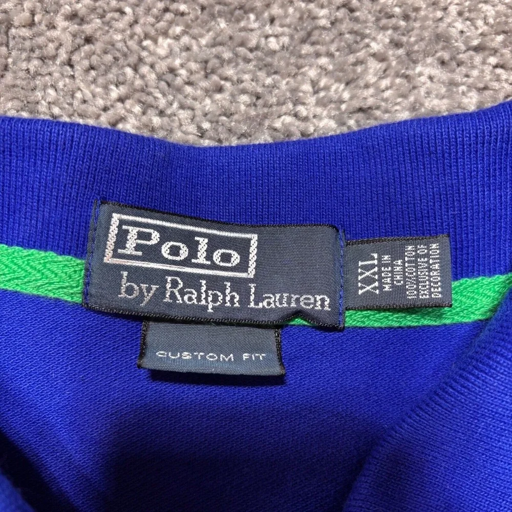 Polo Ralph Lauren Varsity Spellout USA VTG Polo Shirt Men 2XL Blue Big Pony Golf